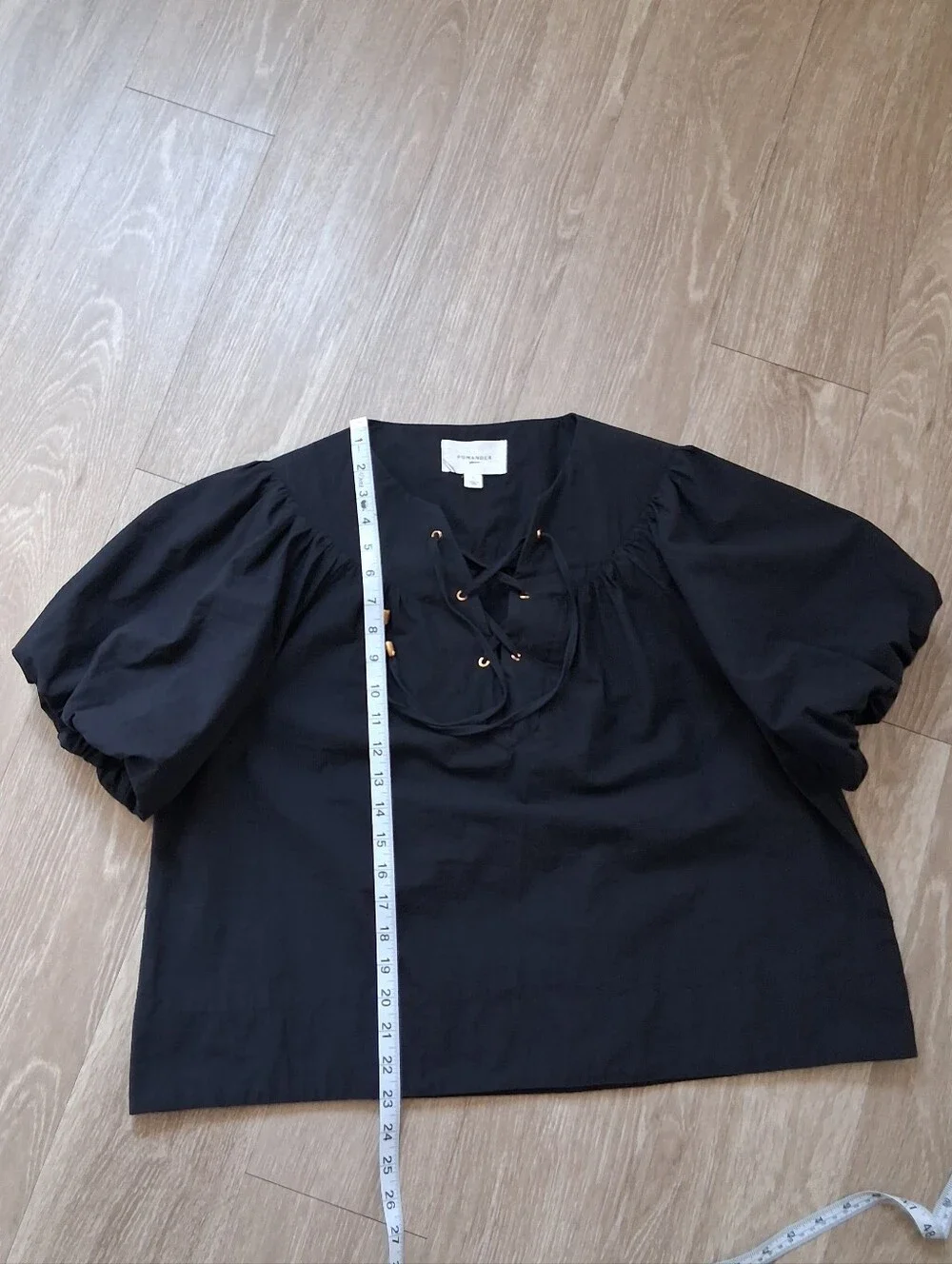 Tuckernuck Pomander Place Puff Sleeve Lace Up Front Cotton Stretch Blouse Black